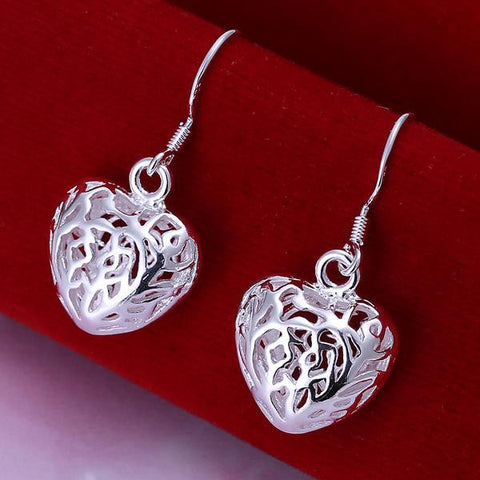 Sterling Silver Laser Cut Heart Shaped Drop Earring - rubiquejewelry.com