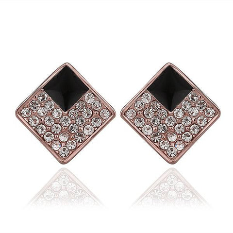 18K Rose Gold Diamond Shaped Stud Earrings with Onyx Layering Made with Swarovksi Elements - rubiquejewelry.com