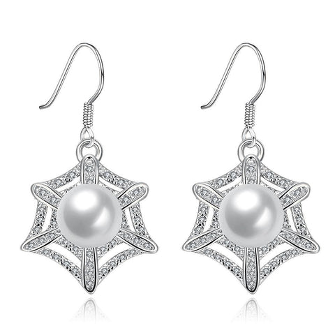 White Gold Plated Spider Web Design with Pearl Insert Drop Down Earrings - rubiquejewelry.com