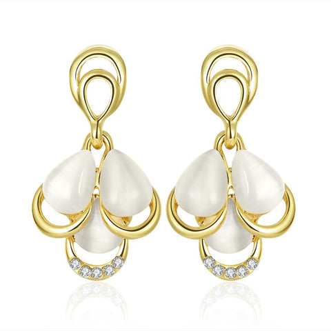 18K Gold Triple Pearl Drop Down Earrings Made with Swarovksi Elements - rubiquejewelry.com