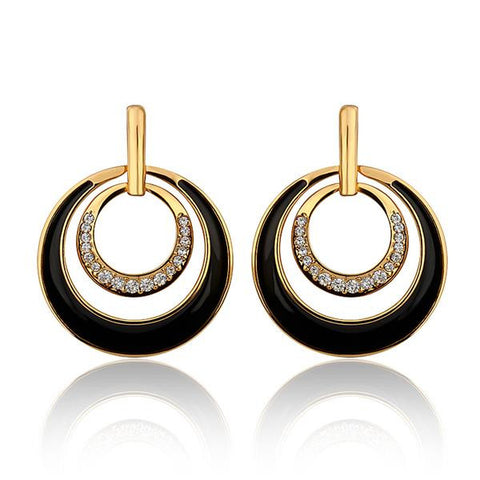 18K Gold Onyx Layering Spiral Circle Earrings Made with Swarovksi Elements - rubiquejewelry.com