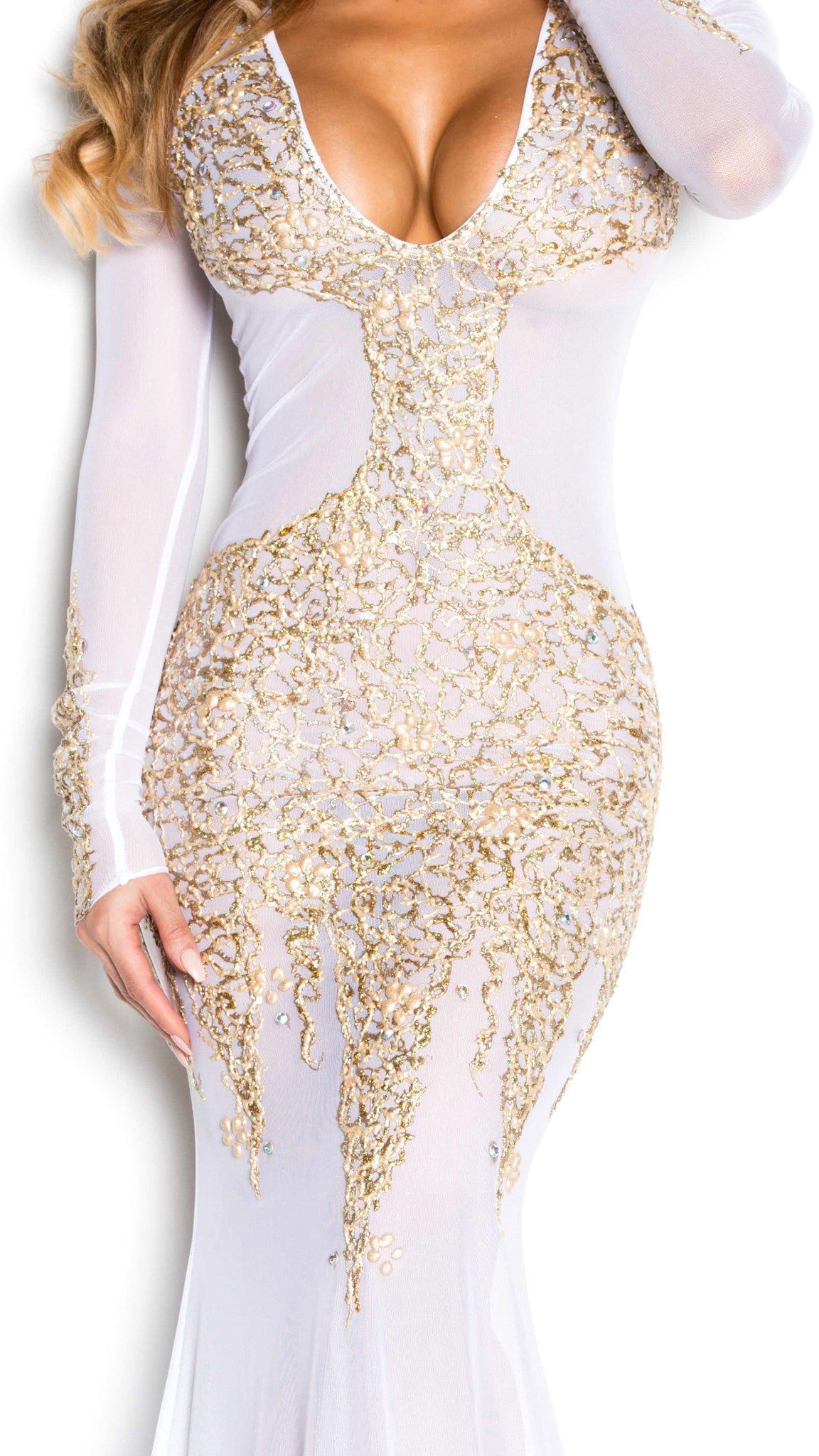 BEYONCE GOWN IN WHITE WITH GOLD - HOLT