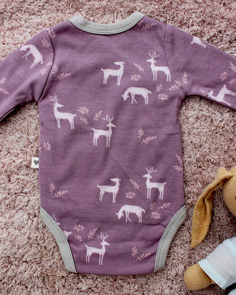 Lilac ‘Deer’ unisex full sleeve kimono onesie in organic cotton