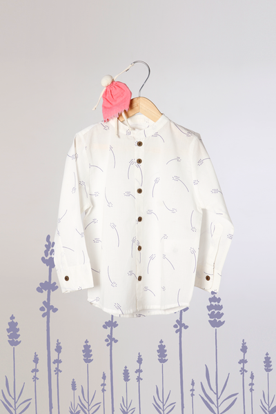 'Barefoot Boy' - Chinese Collar Shirt in White with Lavender Floral Print