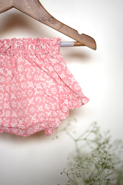 ‘Barrel of laughs’ sleeveless jhabla and bloomers set in pink floral (Unisex - 0-6 months)