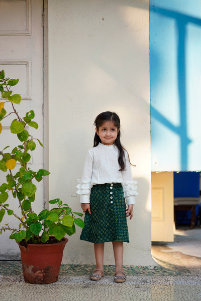 'Stories of magic' Green Checkered Aline skirt and White Ruffled Top