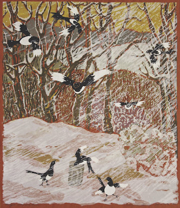 yellowstone art museum, jessie wilber magpies in snowstorm, montana living