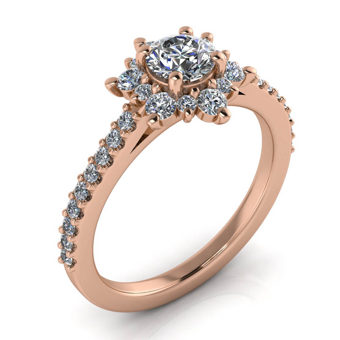 Wedding Set Dainty Diamond Halo Engagement Ring 5 mm Center Stone Engagement Ring and Wedding Band (not pictured) - Petite Snowflake II - Moissanite Rings