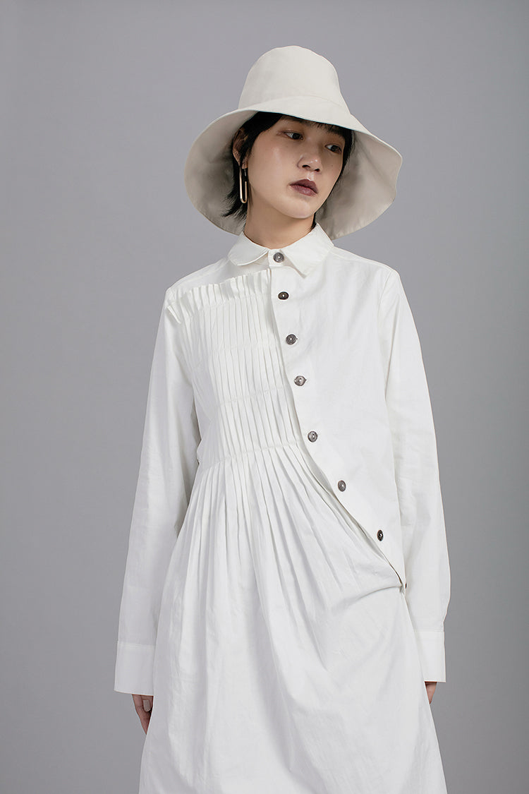 Asymmetric Folding Curved Pleated Middle Long Shirt Tunic