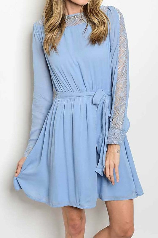 blue flowy dress with belted waist