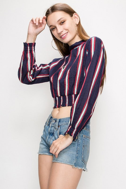 Vertical stripe navy, red and white shirt