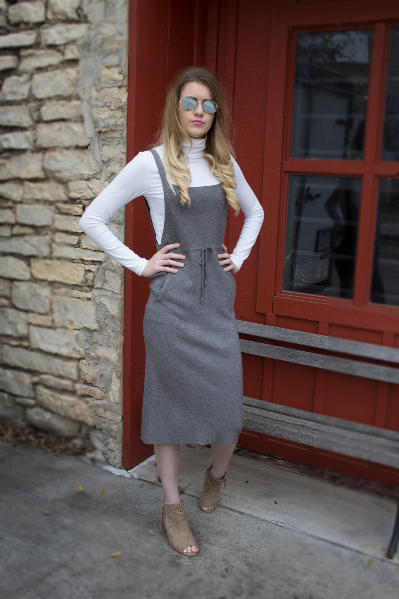 gray cashmere dress with white turtle neck