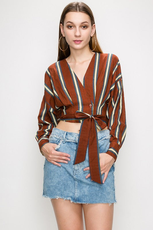 rust vertical strip long sleeve shirt