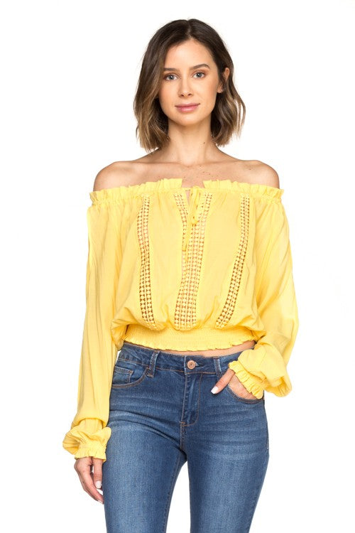 yellow off the shoulder long sleeve spring summer shirt