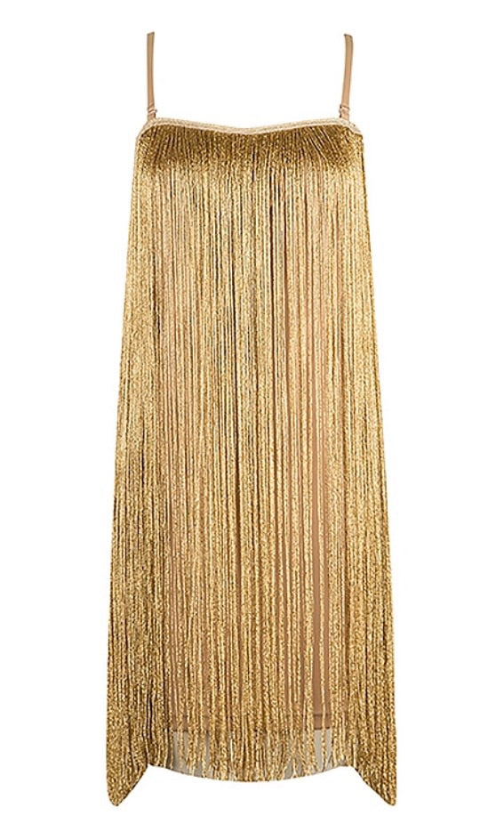 gold dress with tassels