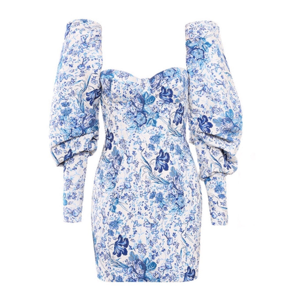 blue floral dress with sleeves