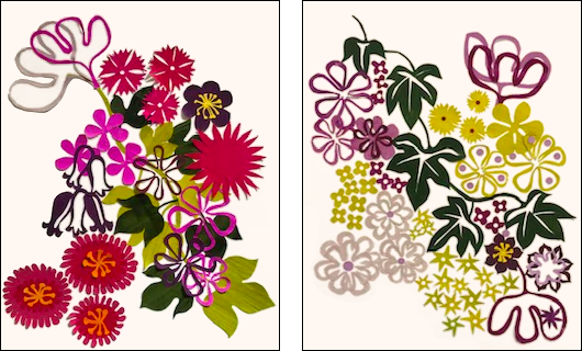 Floral abstract compositions in reds and pinks by Denise Fiedler