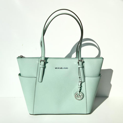 Michael Kors Jet Set Travel Large Top Zip Chain Tote Light Sage Green  Leather