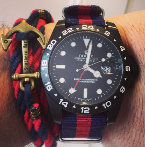 rolex explorer on nato strap with southern marine wayfarer bracelet in blue and red
