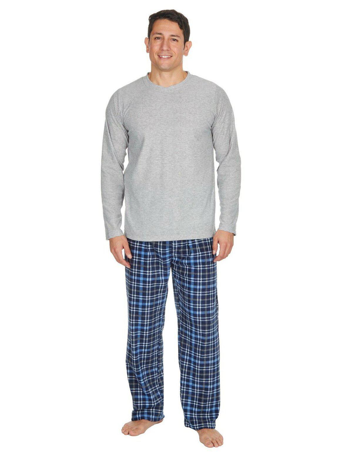 Slumber Hut® Mens Loungewear Pyjamas Fleece Grey Top Blue Flannel Brushed Cotton Pants Full Tie Waist Size Small up to 2XL 
