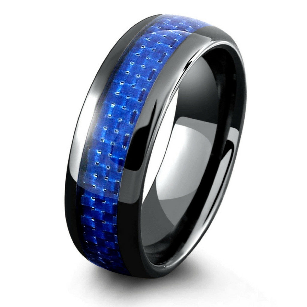 Mens Black Ceramic Wedding Band With Blue Woven Carbon