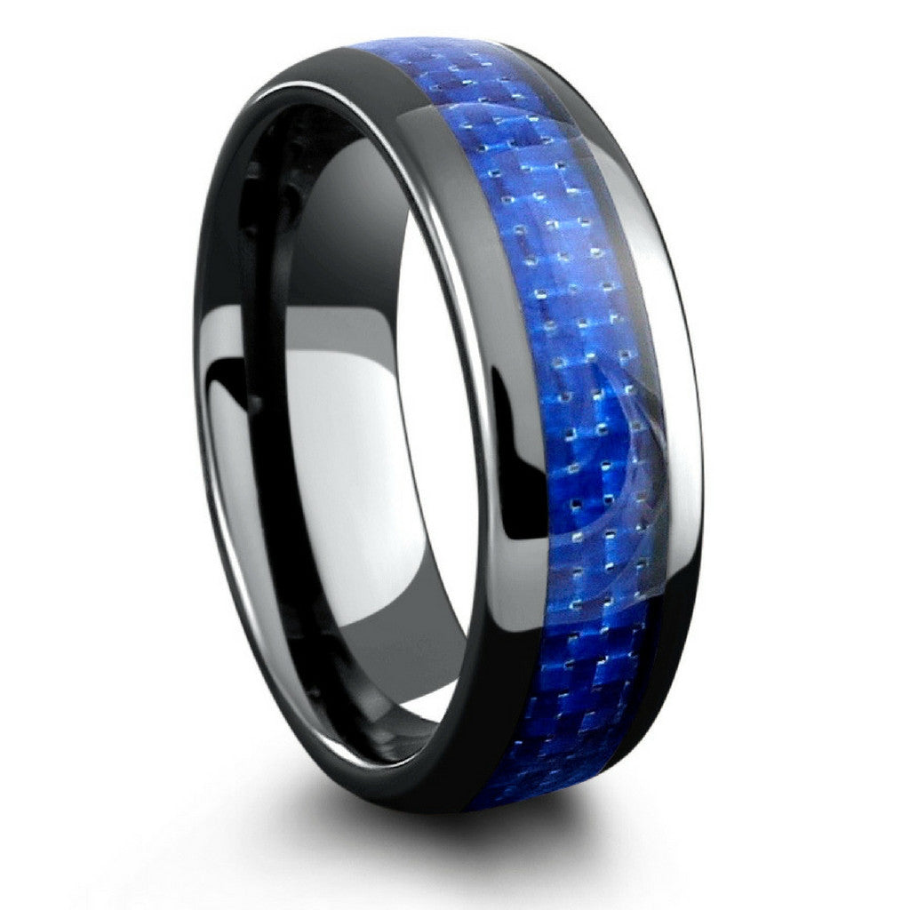 Mens Black Ceramic Wedding Band With Blue Woven Carbon