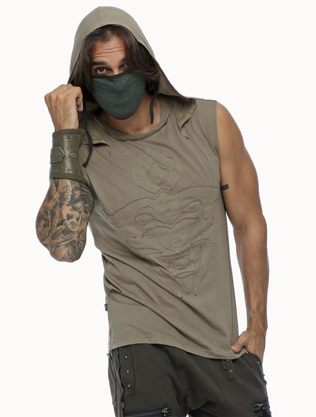 model wearing psylo fashion ethical streetwear hoodie and mask