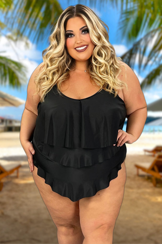 SWIM-I {Beach Star} Black Ruffle Front One Piece Swimsuit EXTENDED PLUS SIZE 4X
