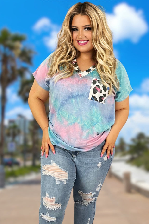 29 OR 33 CP-H {Move Over} Pink/Blue Tie Dye Leopard Top PLUS SIZE XL 2X 3X