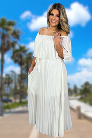 LD-S {Call It Chic} Ivory Pleated Maxi Dress w/Belt PLUS SIZE XL 2X 3X