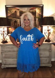 29 GT-D {Matthew 17:20} Turquoise "Faith" Fringed Tunic  CURVY BRAND!!! EXTENDED PLUS SIZE XL 2X 3X 4X 5X 6X