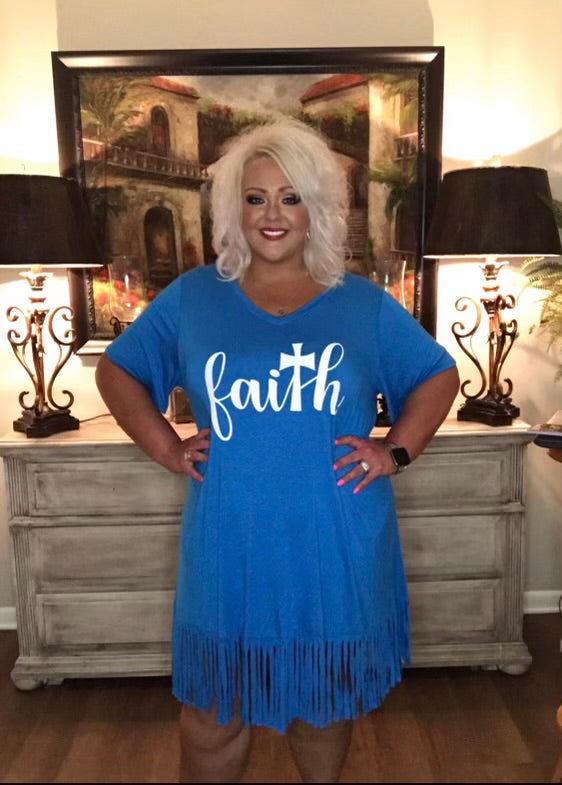 29 GT-D {Matthew 17:20} Turquoise "Faith" Fringed Tunic  CURVY BRAND!!! EXTENDED PLUS SIZE XL 2X 3X 4X 5X 6X