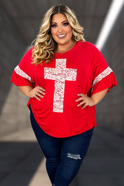 40 SD-V {Mighty Cross} Red/Ivory Lace Cross & Sleeve Detail Top CURVY BRAND!!!  XL 2X 3X 4X 5X 6X