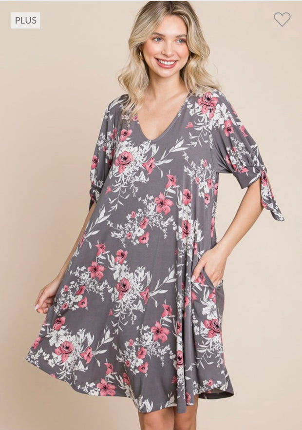 46 PSS-J {Highier Standards} Grey Floral V-Neck Dress PLUS SIZE 1X 2X 3X