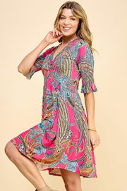 45 PSS-D {Life's A Dance}  Fuchsia Paisley Printed Dress PLUS SIZE 1X 2X 3X