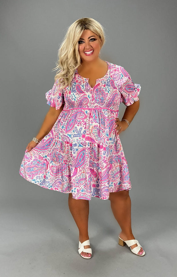 61 PSS {Easy On You} Umgee Pink Paisley Smocked Dress PLUS SIZE XL 1X 2X