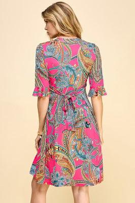 45 PSS-D {Life's A Dance}  Fuchsia Paisley Printed Dress PLUS SIZE 1X 2X 3X