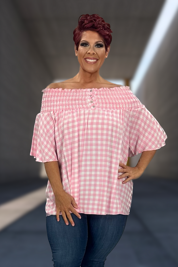 33 OS-B {Pink Lady} Pink Gingham  SALE!! Open Shoulder Top PLUS SIZE 1X 2X 3X