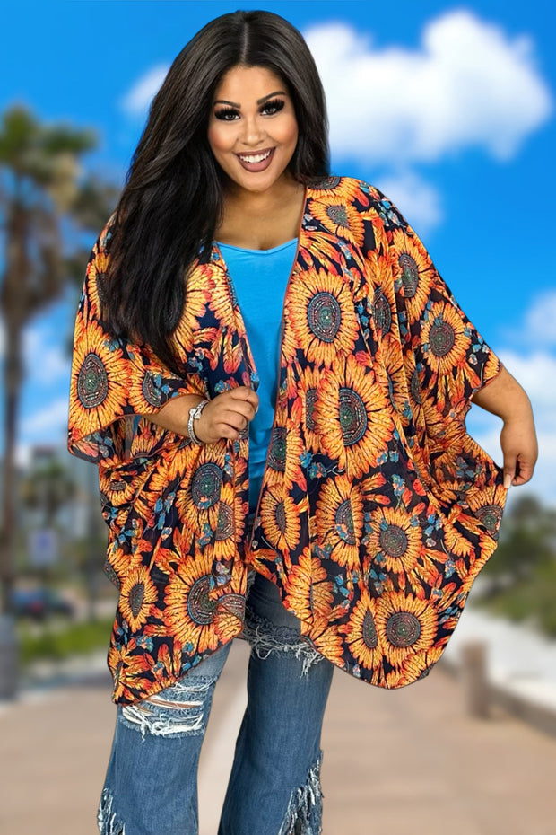 52 OT-A {Meet Your Style}Black/Orange Sunflower Kimono EXTENDED PLUS SIZE 3X 4X 5X