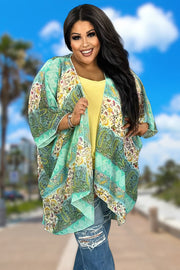 59 OT-M {Made For Memories} Mint Paisley Print Kimono EXTENDED PLUS SIZE 3X 4X 5X