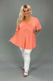 99 SSS-J {Catching Glances} Peach SALE!! V-Neck Babydoll Tunic CURVY BRAND!!!  EXTENDED PLUS SIZE XL 2X 3X 4X 5X 6X