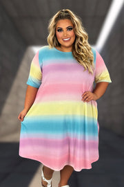 79 PSS {Sherbert Love} Blue Pink Yellow Striped Waffle Knit Dress EXTENDED PLUS SIZE 4X 5X 6X