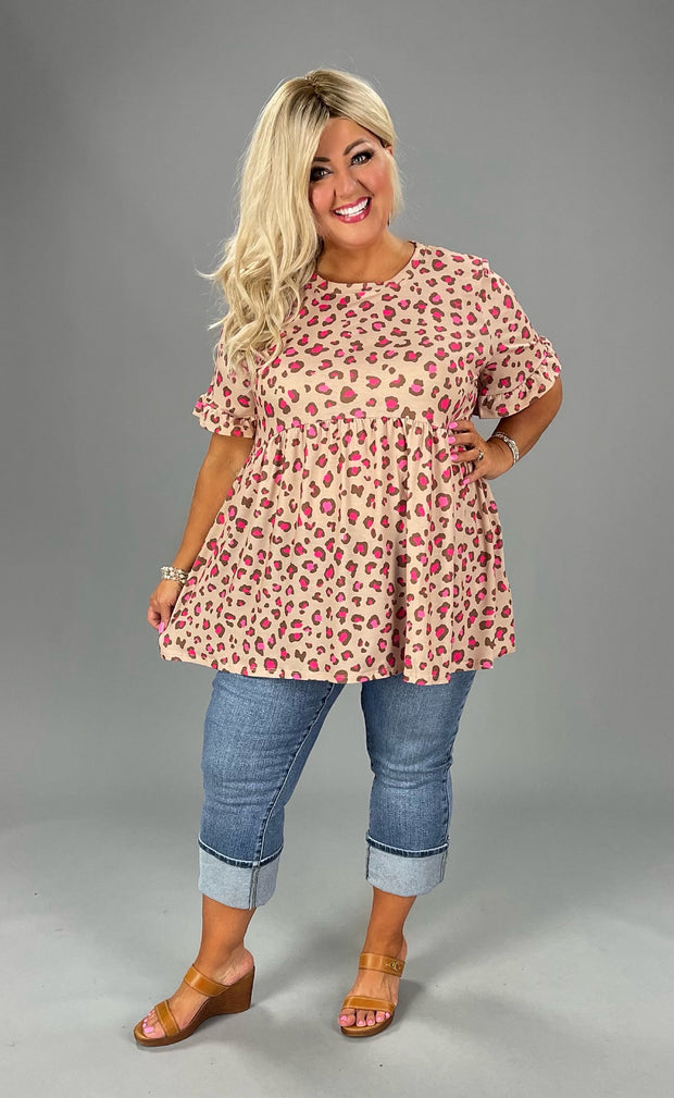 89 PSS {All The Attention} Tan/Hot PInk Leopard Top PLUS SIZE 1X 2X 3X