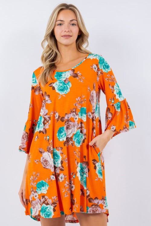 60 PSS {Ready For The City} Orange Floral Dress w/Pockets PLUS SIZE 1X 2X 3X