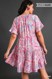 61 PSS {Easy On You} Umgee Pink Paisley Smocked Dress PLUS SIZE XL 1X 2X