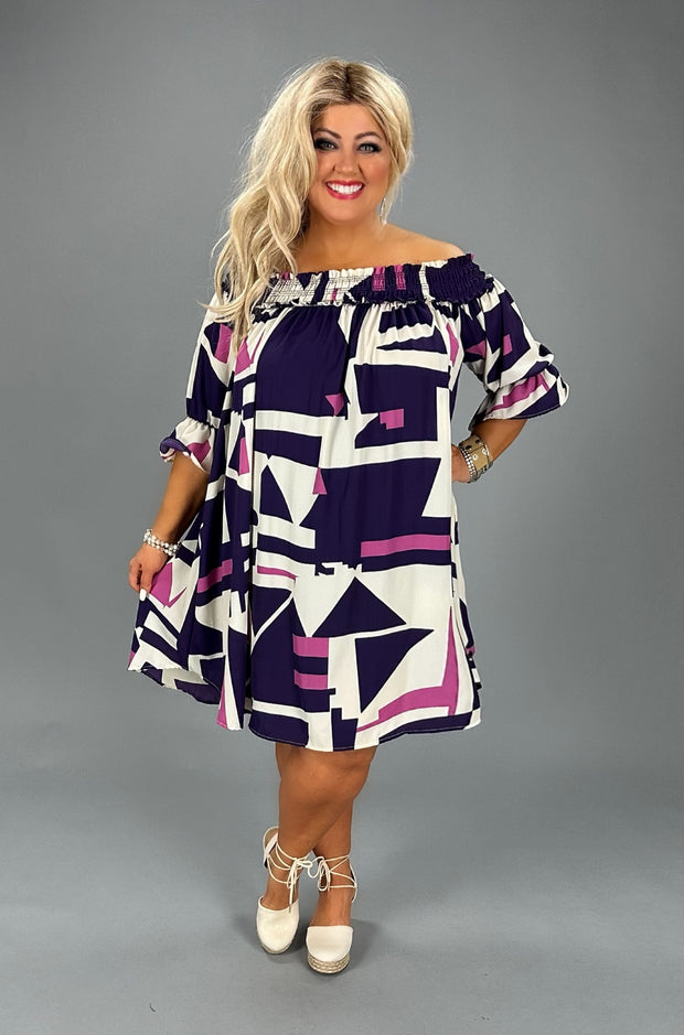 23 OS-T {Love Interest} Purple/Pink Geo Print Dress PLUS SIZE 1X 2X 3X