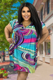 34 PSS-R {Happy Skies} Teal/Purple SALE!!  Print Babydoll Dress PLUS SIZE XL 2X 3X