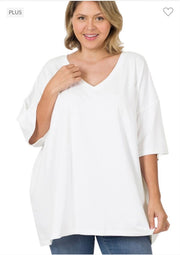 46 SSS-G {Charm Me} White Oversized V-Neck Top PLUS SIZE 1X 2X 3X