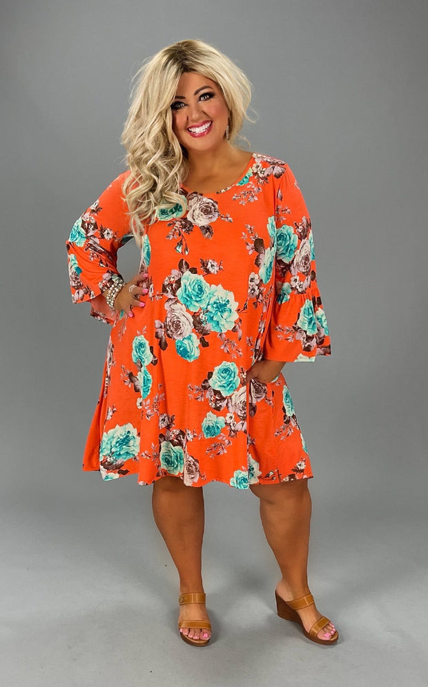 60 PSS {Ready For The City} Orange Floral Dress w/Pockets PLUS SIZE 1X 2X 3X