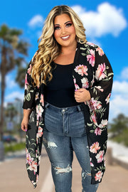 68 OT-B {Round The Clock} Black Floral Kimono PLUS SIZE XL 2X 3X